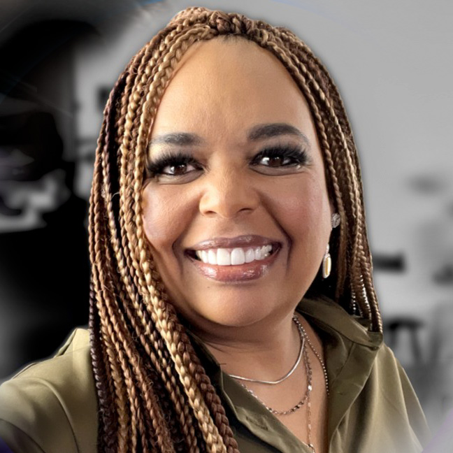 A portrait of a person with long, tightly braided hair, wearing a collared top and layered necklaces, set against a blurred monochrome background
