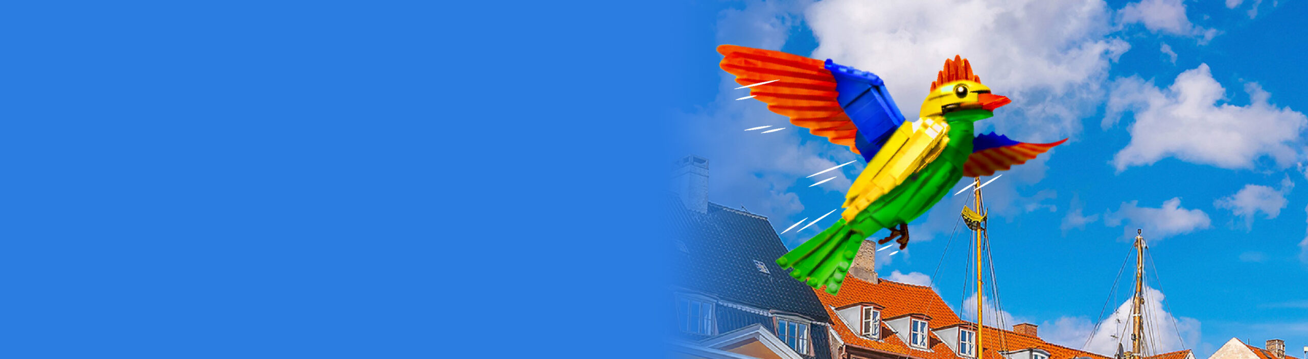 lego style bird flying over the rooftops of copenhagen
