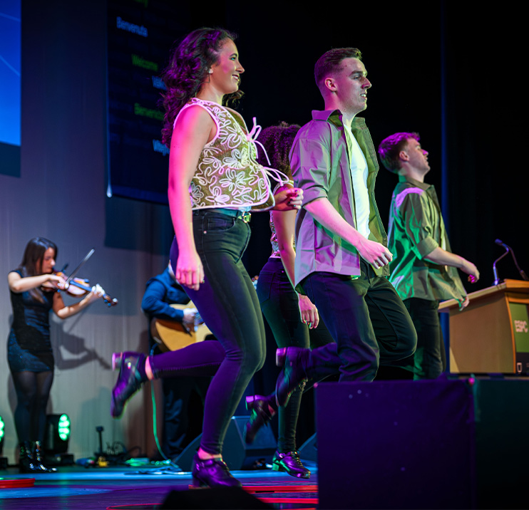 Irish dancers on the main stage of ESPC Dublin25 in mid-performance