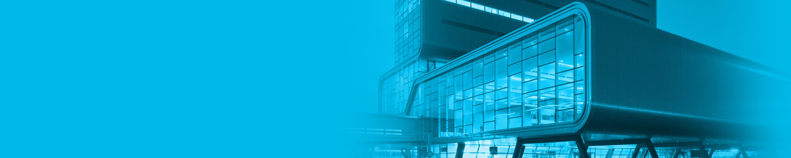 the RAI event centre in Amsterdam on a light blue background