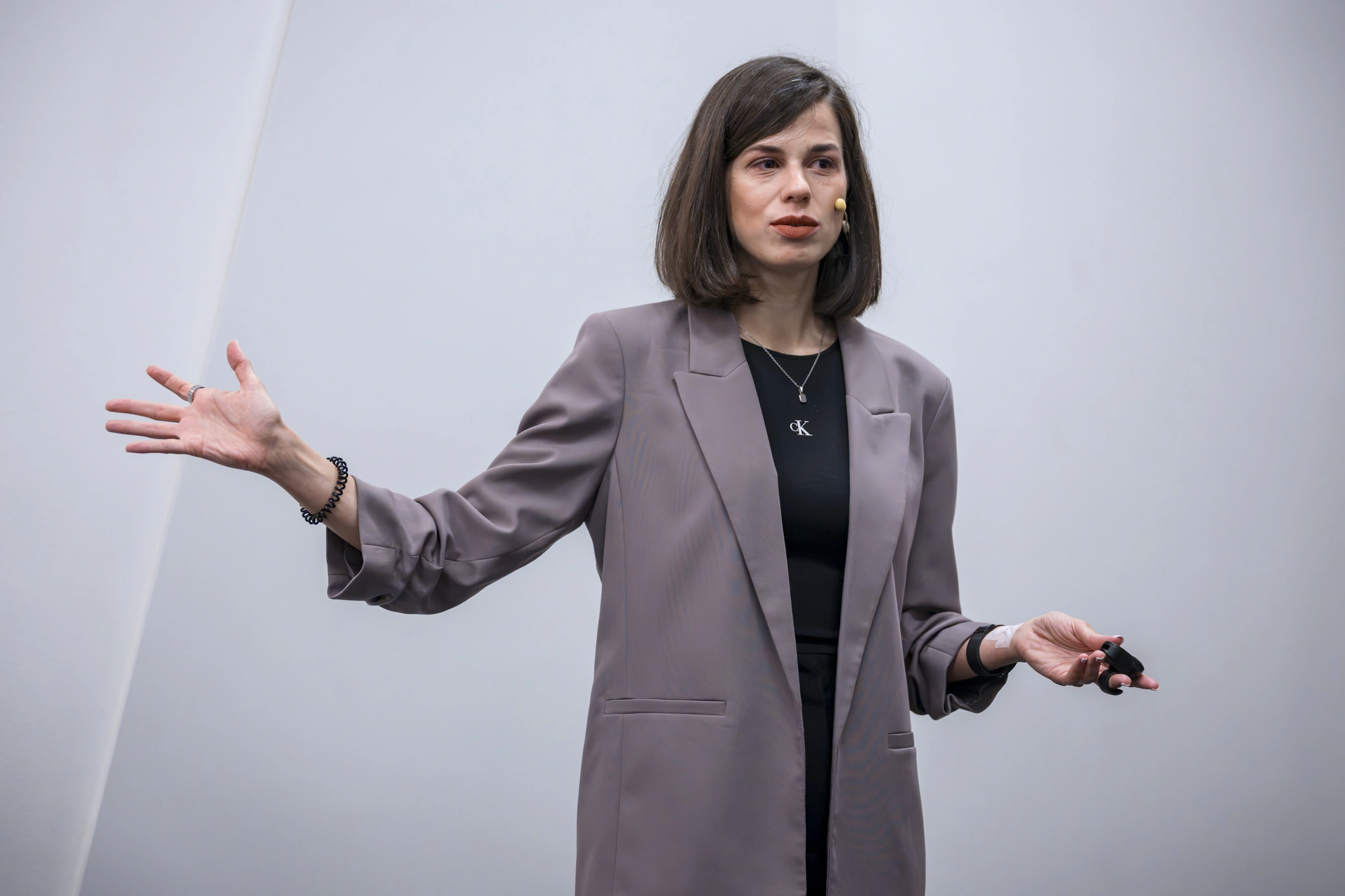 Elena speaking at the front of a room